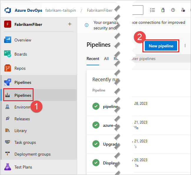 Screenshot del pulsante della nuova pipeline.