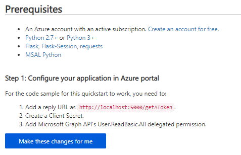 Screenshot che mostra che consente al portale di Azure di apportare le modifiche necessarie per configurare l'applicazione.