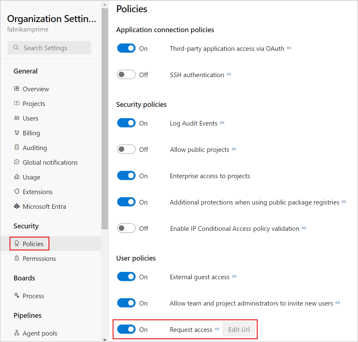 Screenshot che mostra Disable the Request Access policy in Organization settings .Screenshot shows Disable the Request Access policy in Organization settings.