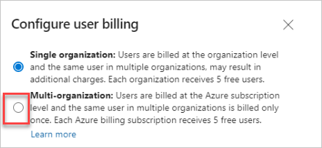 Screenshot che mostra l'opzione Multi-organization selezionata nella schermata Configura fatturazione utente.