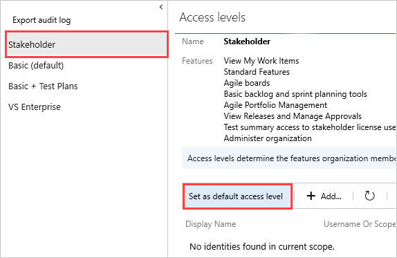 Screenshot del livello di accesso degli stakeholder, impostato come predefinito.