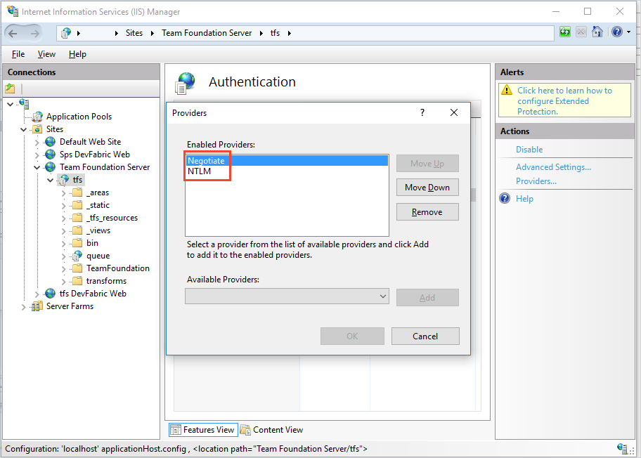 Screenshot dell'autenticazione Windows di IIS TFS con la configurazione del provider per negotiate e NTLM.