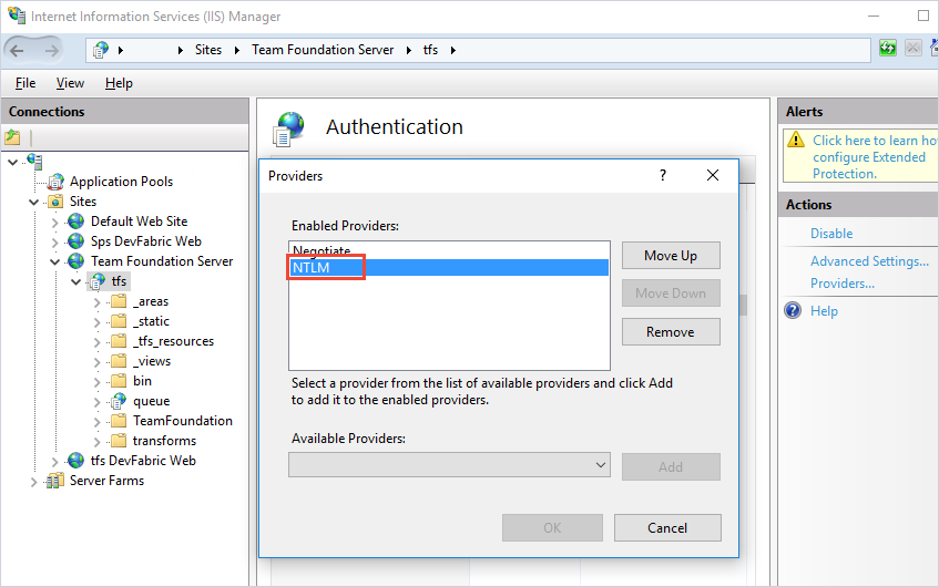 Screenshot dell'autenticazione di Windows di TFS IIS con la configurazione del provider NTLM.