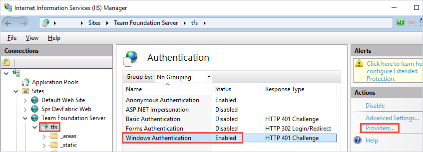 Screenshot della configurazione dell'autenticazione Windows di IIS TFS.