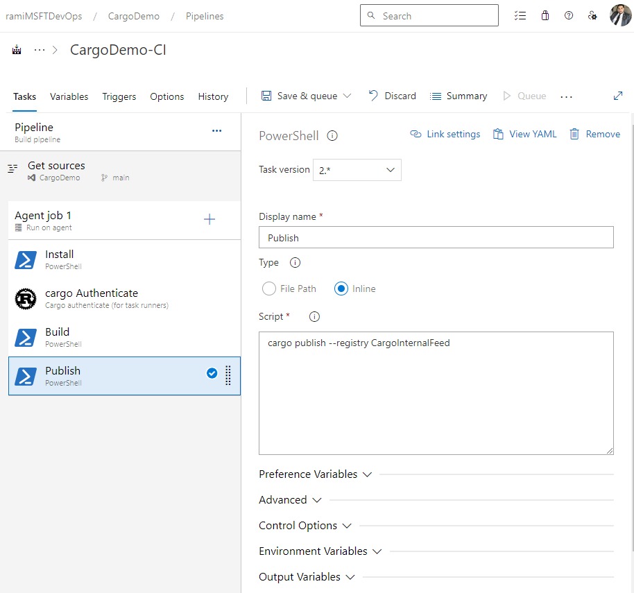 Screenshot che mostra come pubblicare crate in e feed di Azure Artifacts usando una pipeline classica.