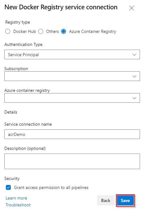 Screenshot che mostra come configurare una connessione al servizio del Registro di sistema Docker.