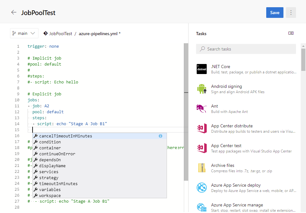 Editor di pipeline YAML in Azure DevOps Server 2019.1.