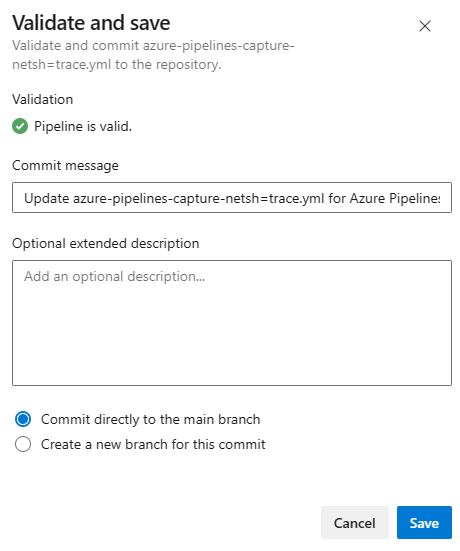 Screenshot che mostra la finestra convalida e salvataggio dell'editor della pipeline YAML.