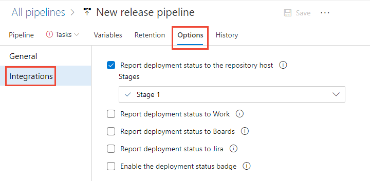 Screenshot delle opzioni di integrazione per le pipeline classiche