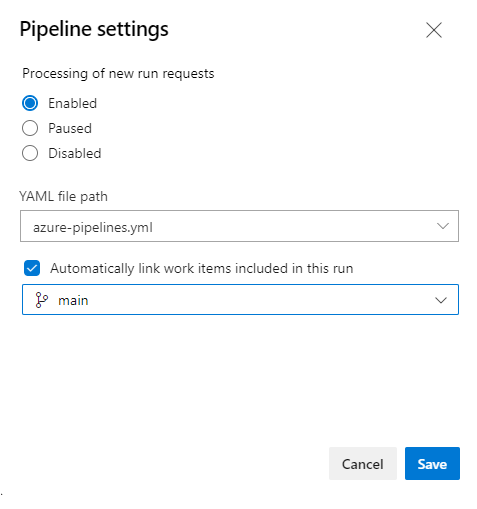 Finestra di dialogo Impostazioni pipeline YAML.