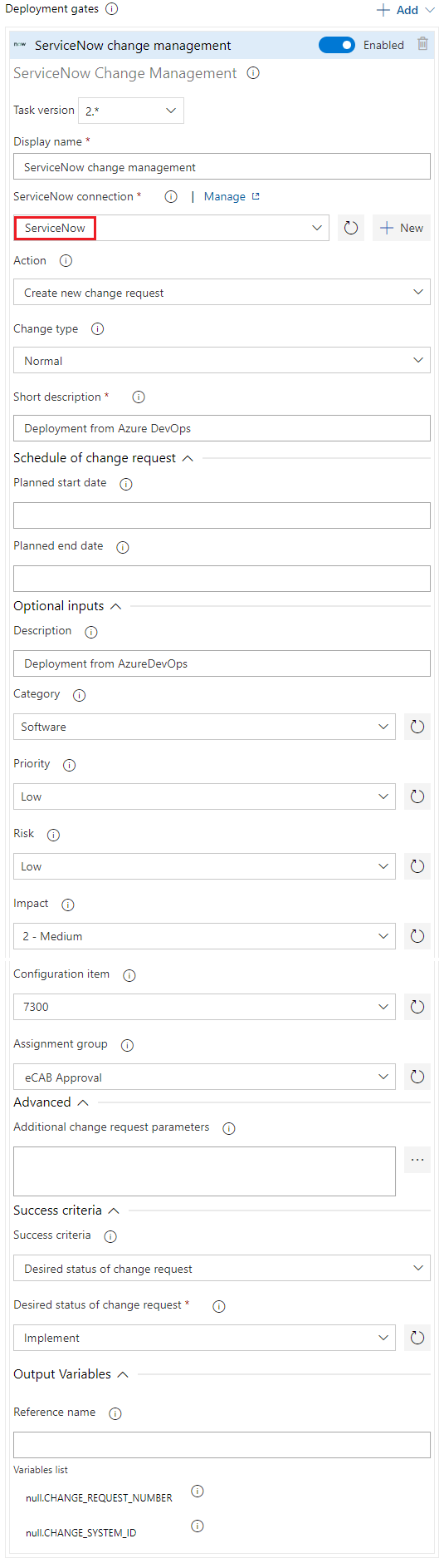 Screenshot che mostra come configurare il gate di Gestione modifiche di ServiceNow.