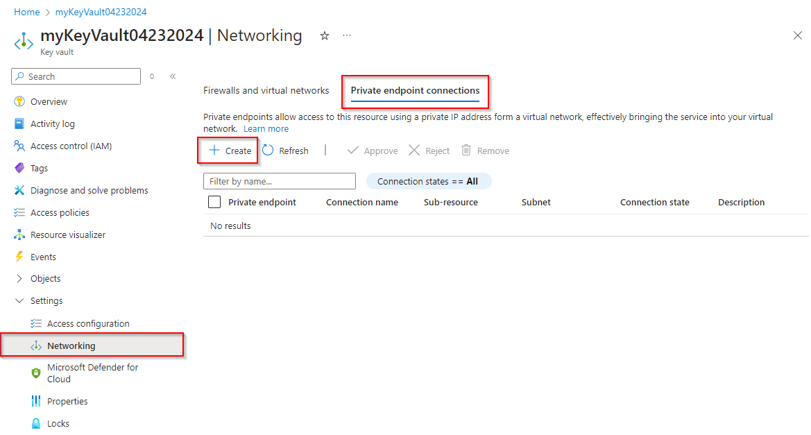 Screenshot che mostra come creare una nuova connessione endpoint privato per un insieme di credenziali delle chiavi di Azure.