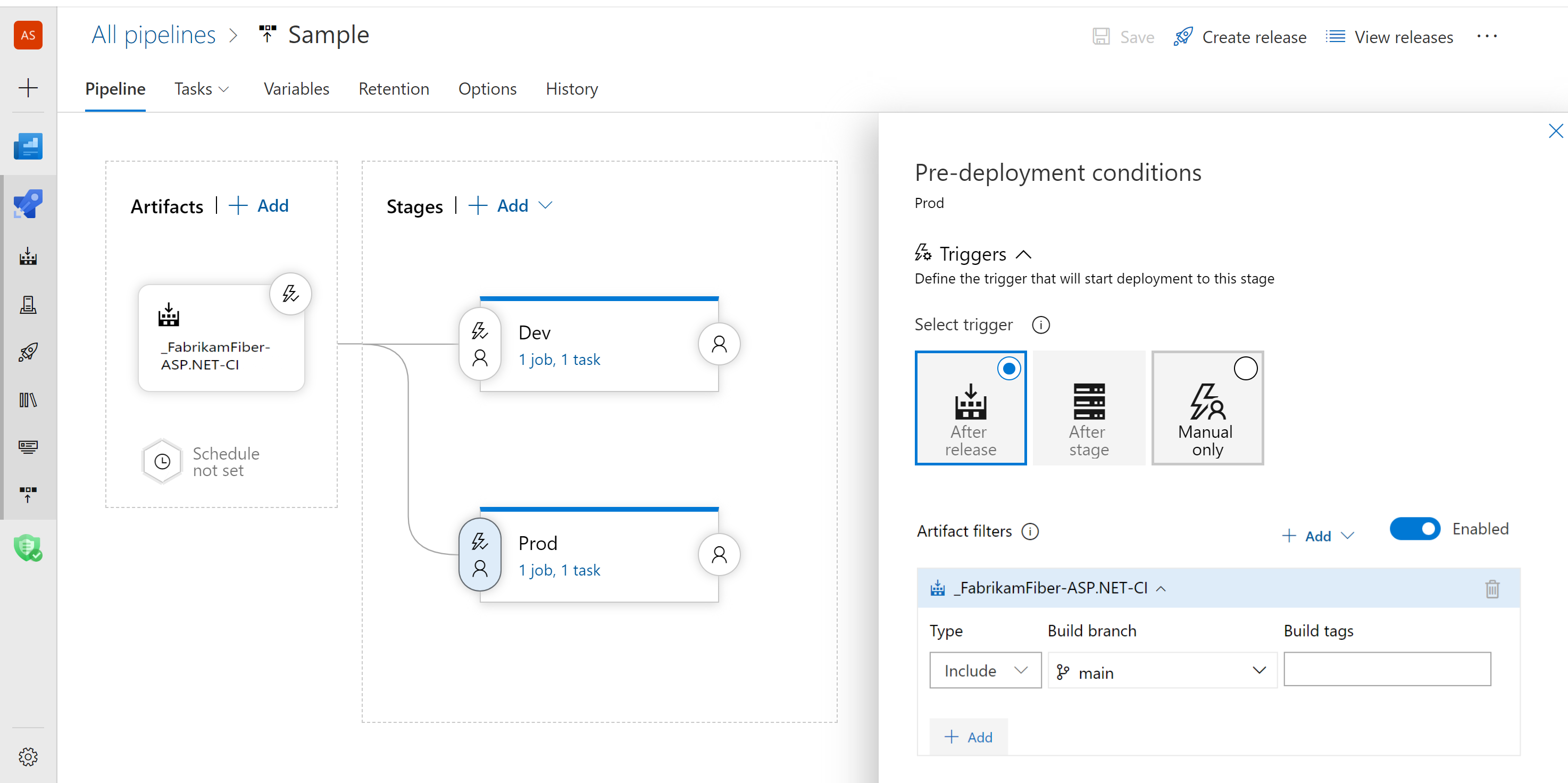 Screenshot che mostra come configurare le condizioni di pre-distribuzione per la fase Prod.