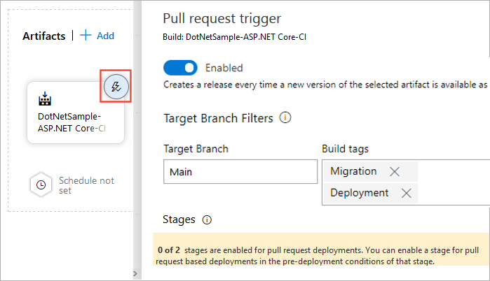 Screenshot che mostra come configurare i trigger di richiesta pull in una pipeline di versione.