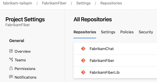 Screenshot della struttura del repository FabrikamFiber.