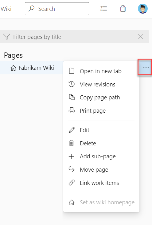 Screenshot delle opzioni del menu pagina wiki con provisioning.