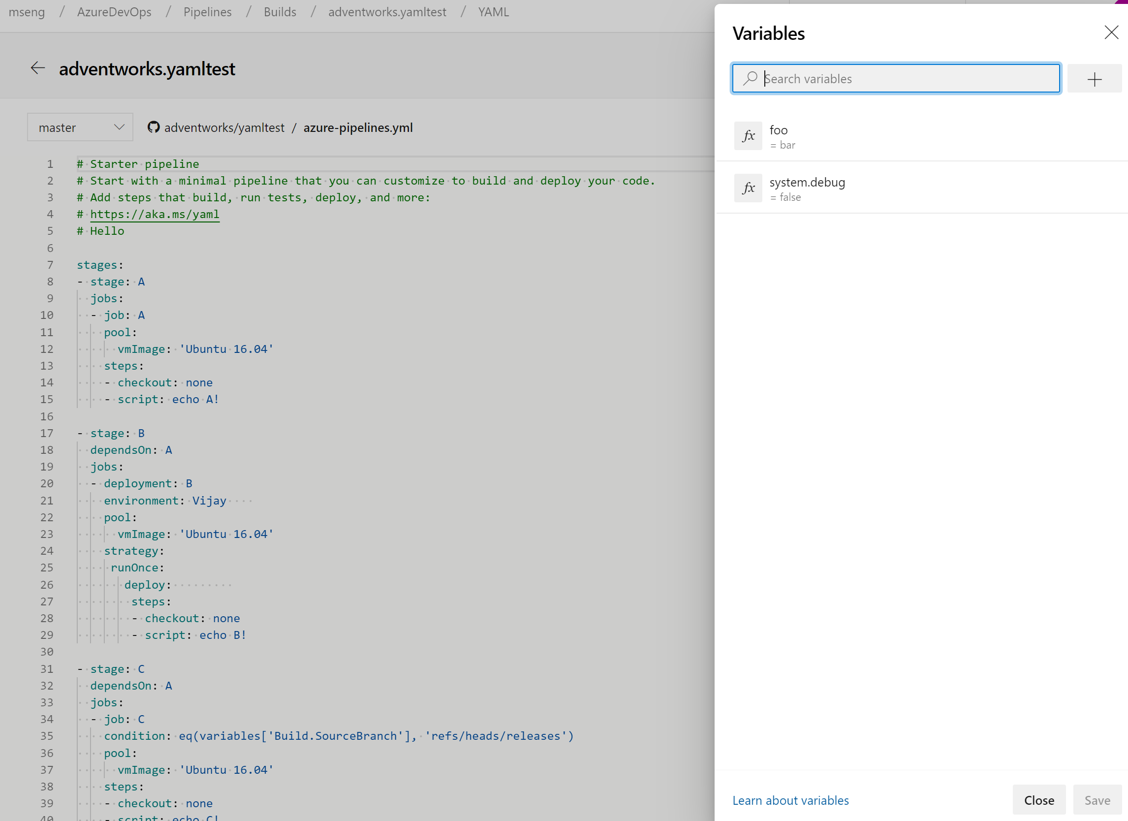 Manage pipeline variables in YAML editor.