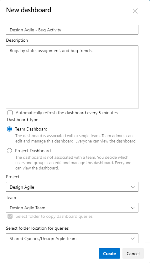 Finestra di dialogo Nuovo dashboard, copia dashboard per un team diverso.