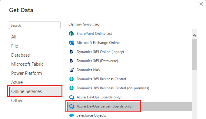 Screenshot che mostra la finestra di dialogo Recupera dati in cui è possibile selezionare Azure DevOps Server.