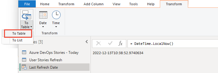 Screenshot dell'opzione da editor di Power Query a tabella.