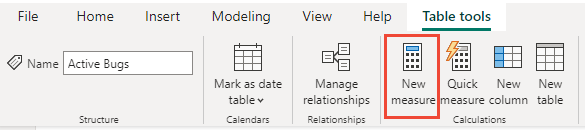 Screenshot della scheda Strumenti tabella di Power BI, Nuova misura.