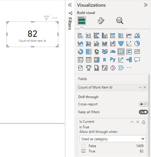 Screenshot della pagina del report di Power BI, il numero di ID elemento di lavoro filtrato.