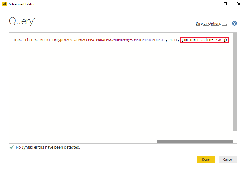 Screenshot che mostra il feed OData di Power BI con il Editor avanzato scorrevole fino alla fine.