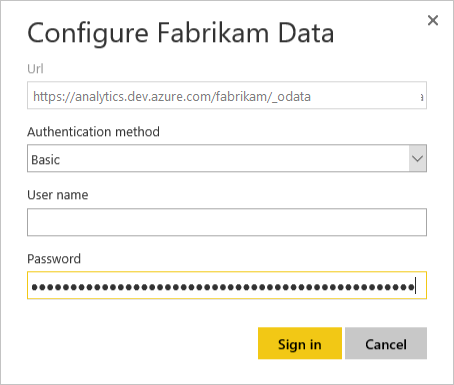 finestra di dialogo Configura dati Fabrikam, immettere le credenziali