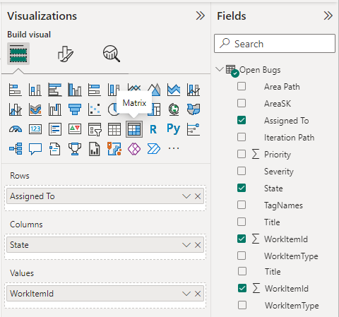 Screenshot delle visualizzazioni di Power BI e delle selezioni campi per il report Apri bug. 