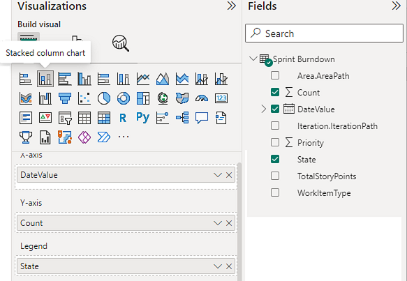 Screenshot delle visualizzazioni e delle selezioni dei campi di Power BI per il report Sprint Burndown. 