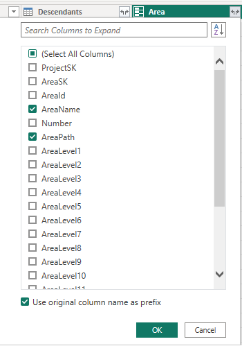 Screenshot della trasformazione dei dati di Power BI, espandere la colonna AreaPath.