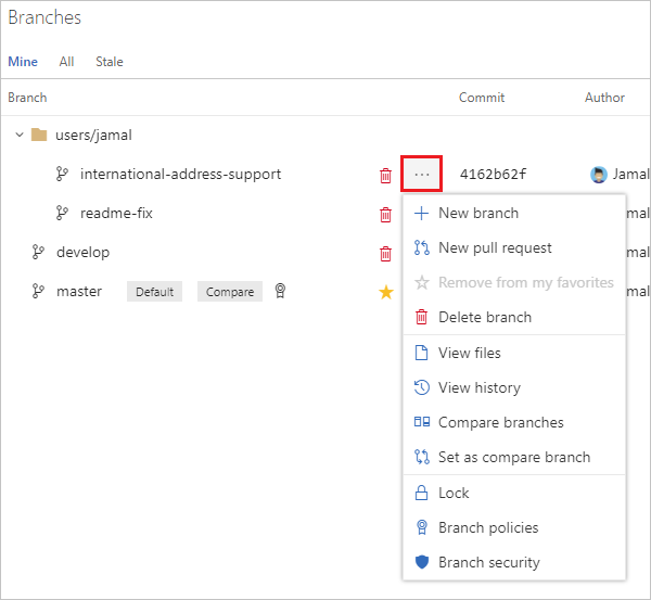 Accedere ai file di visualizzazione ed esaminare la cronologia dal menu di scelta rapida dei rami