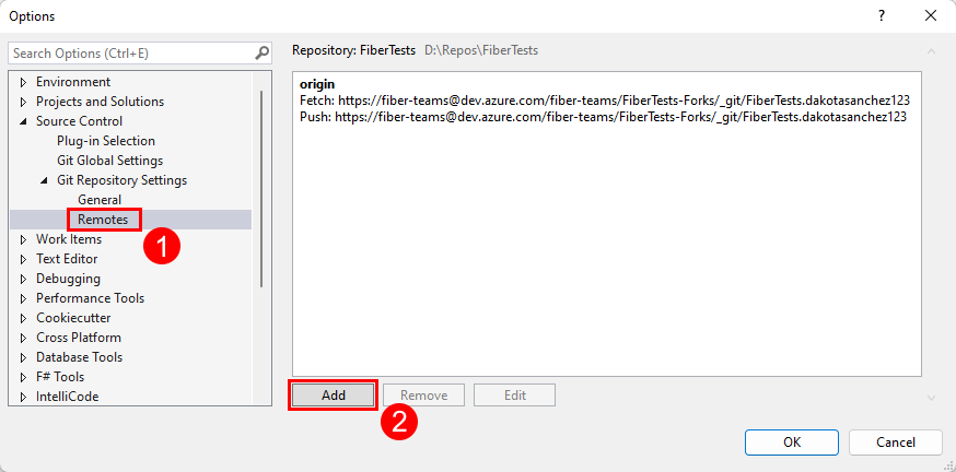 Screenshot del pulsante Aggiungi nel riquadro Remotes del sottomenu Impostazioni repository Git del menu Controllo del codice sorgente in Visual Studio 2019.