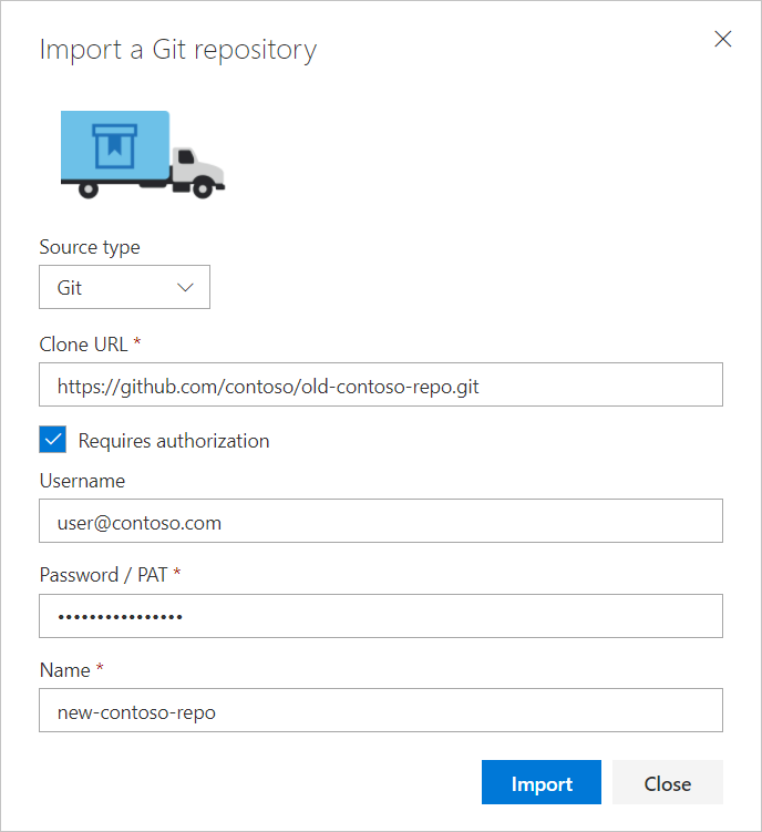 Finestra di dialogo Importa repository