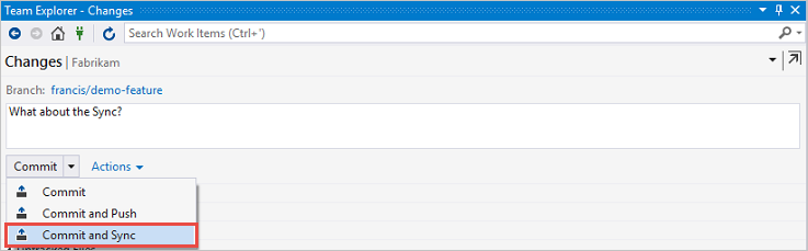 Eseguire il commit e la sincronizzazione in Team Explorer