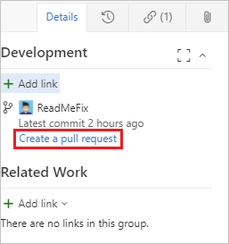 Screenshot della creazione di una richiesta pull dall'area Sviluppo di un elemento di lavoro con un ramo collegato.
