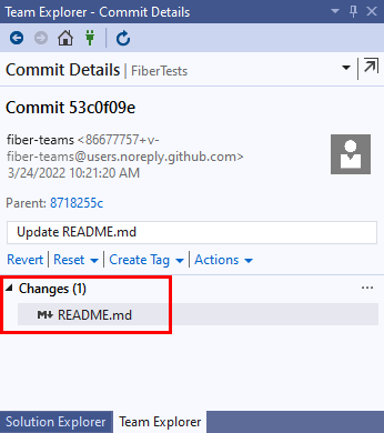 Screenshot della finestra Dettagli commit in Visual Studio 2019.