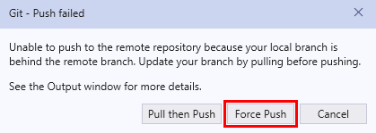 Screenshot della finestra di dialogo Git-push non riuscita in Visual Studio.