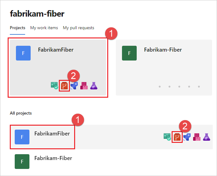 Screenshot della pagina dell'organizzazione o della raccolta in cui sono elencati i progetti.