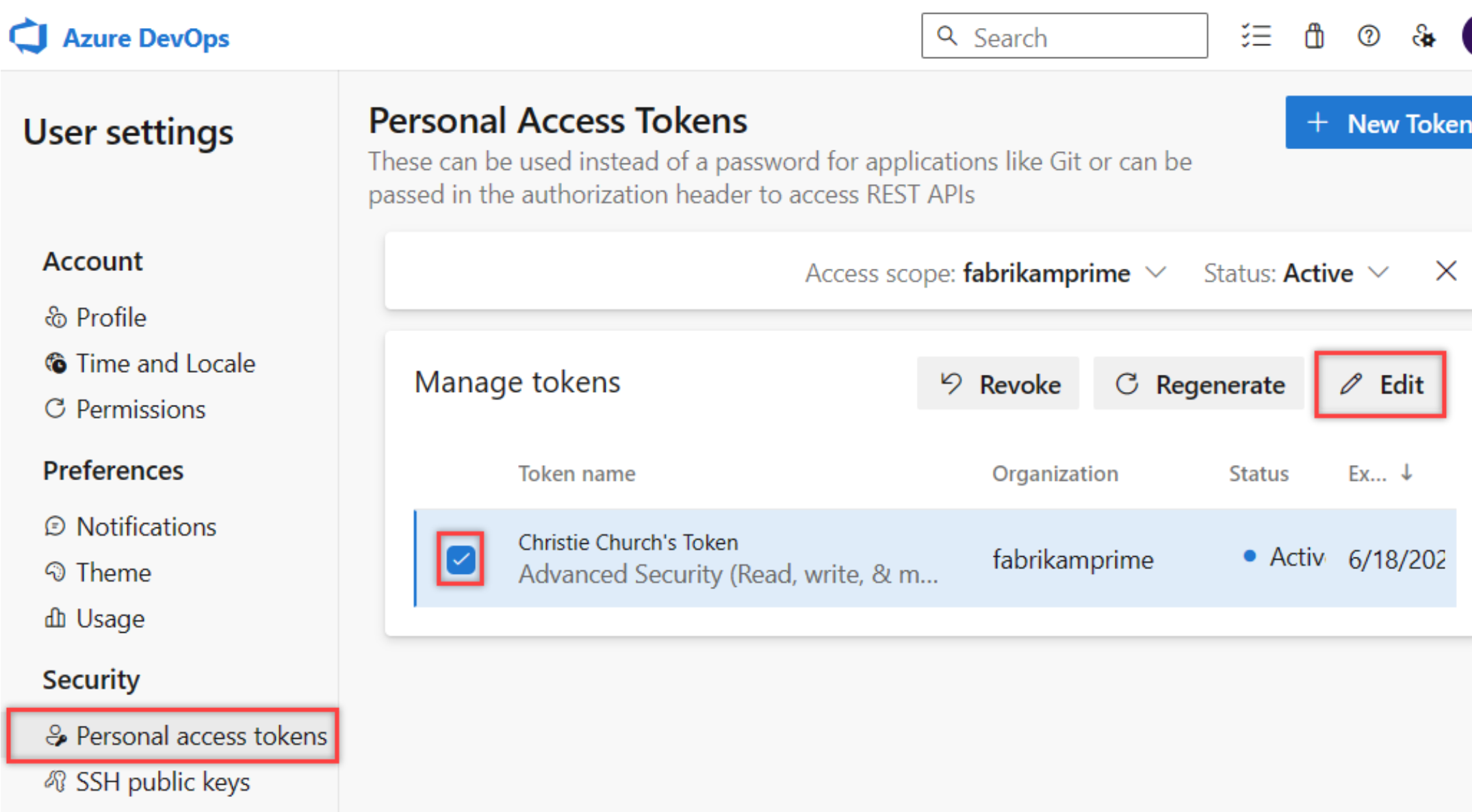 Screenshot che mostra il pulsante Modifica evidenziato per modificare il token di accesso personale.