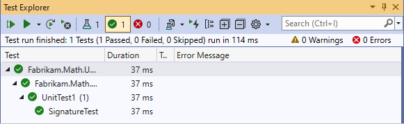 Screenshot di Unit Test Explorer con un test superato.