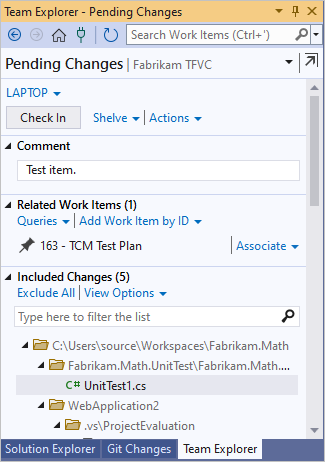 Screenshot della pagina Modifiche in sospeso in Team Explorer.