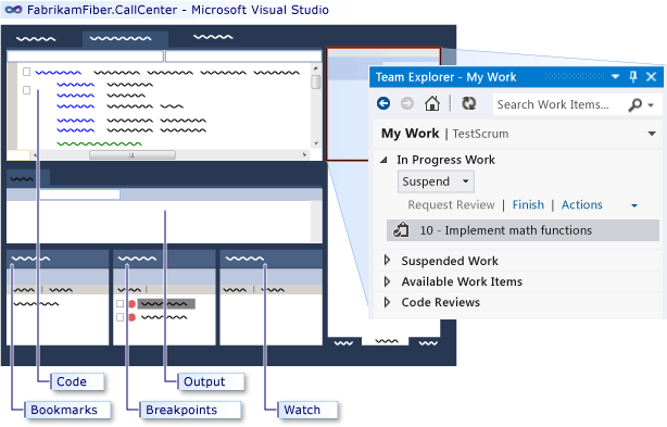 Screenshot della pagina Lavoro personale in Team Explorer. In Lavoro in corso, nella sezione Sospendi viene evidenziata una descrizione e il pulsante Sospendi.