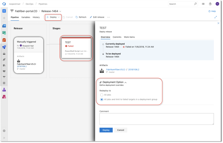 Screenshot che mostra l'opzione Distribuisci selezionata, un errore di test e la sezione Opzione di distribuzione evidenziata.