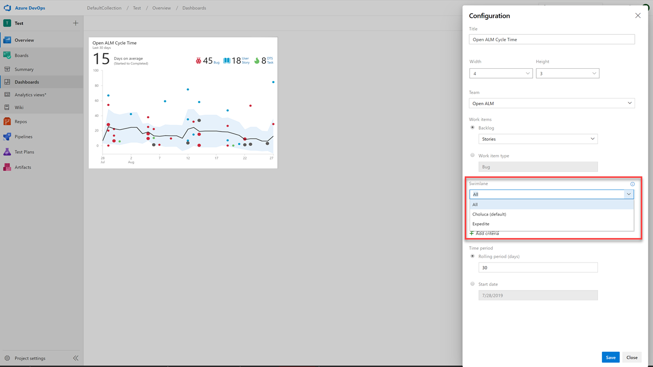 Screenshot che mostra la finestra di dialogo Configurazione con la sezione Swimlane chiamata.