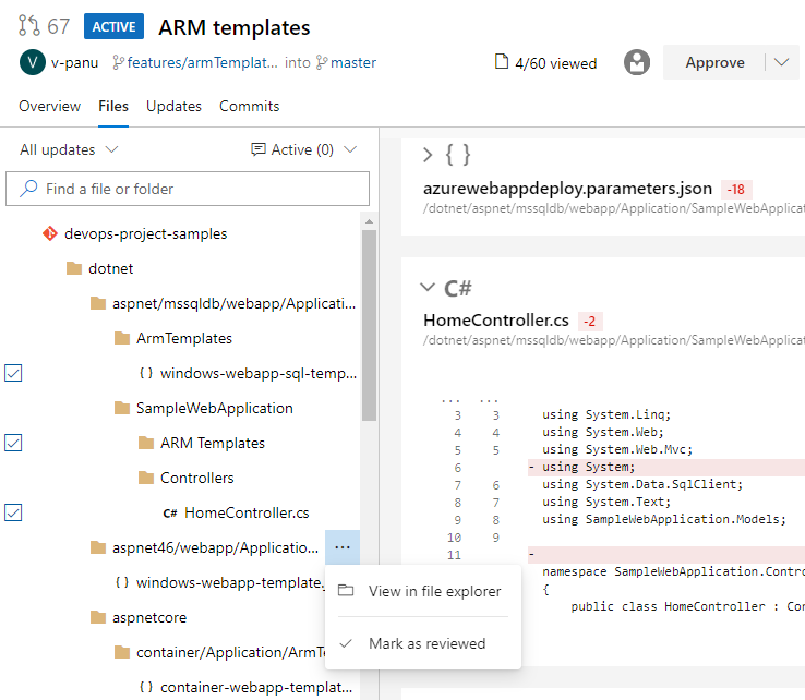 Screenshot che mostra un progetto con la visualizzazione in Esplora file e Contrassegna come opzioni esaminate visibili.