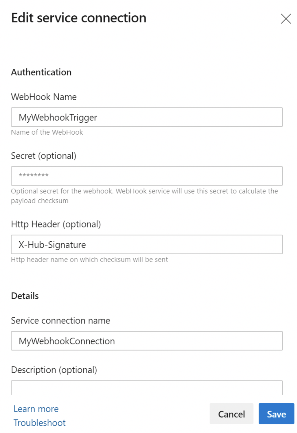 Nella pagina Modifica connessione al servizio configurare i trigger webhook.