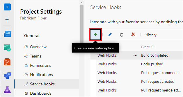 Screenshot della selezione di Create subscription (Crea sottoscrizione) nella pagina Service Hooks (Hook del servizio).