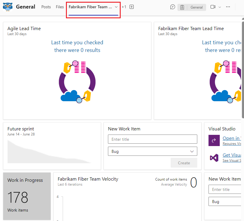 Screenshot che mostra un dashboard per un progetto Azure DevOps in Teams.