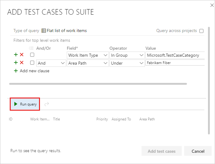 Screenshot che mostra la finestra di dialogo Aggiungi test case alla suite con il pulsante Esegui query evidenziato.